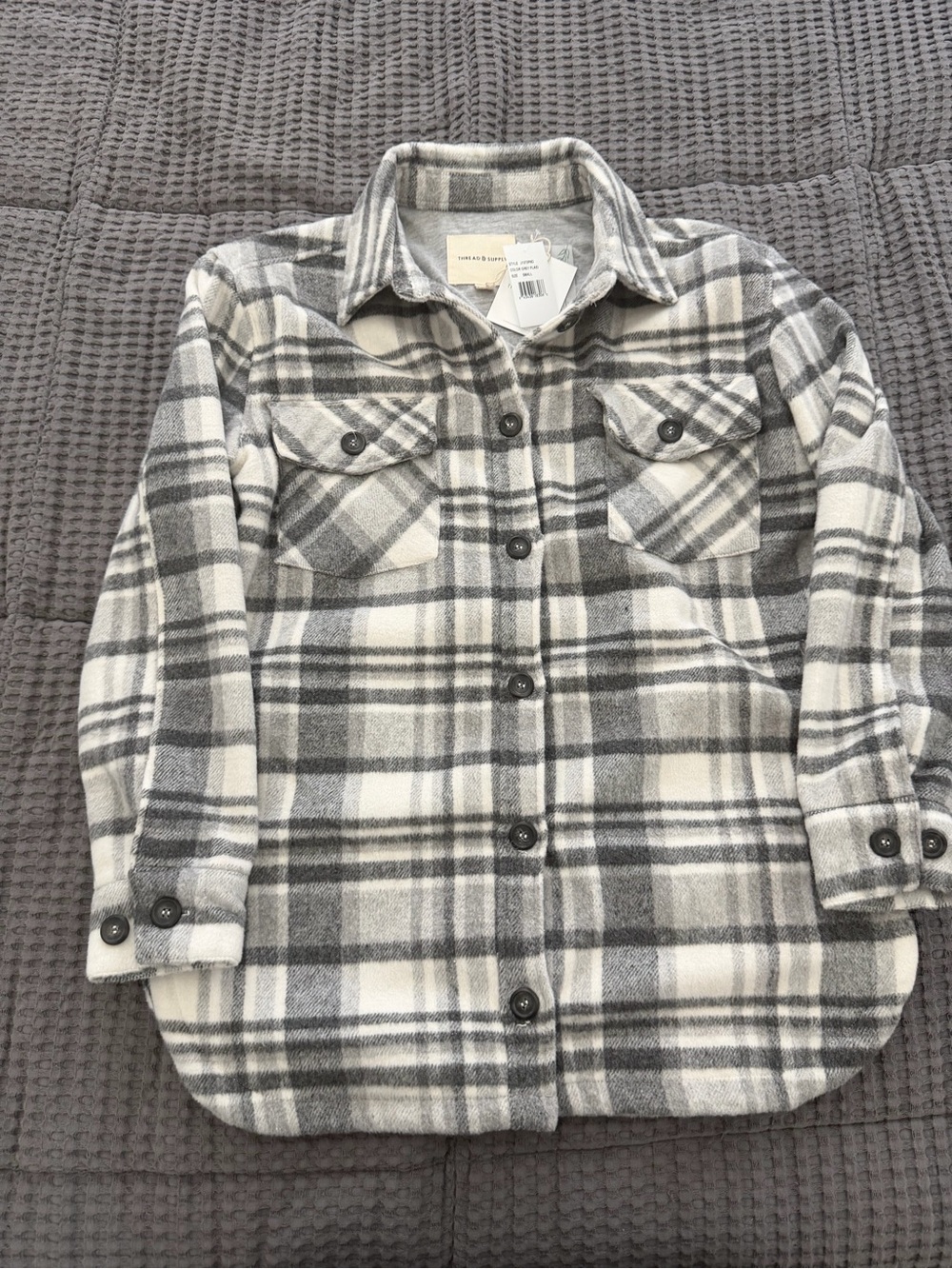 Thread & Supply Gray & White Plaid Button-Up Flannel Jacket Size Small NWT